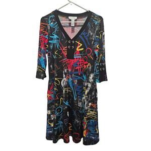 Joseph Ribkoff Maximalist Abstract Graffiti Lace-Up V-Neck Fit Flare Dress 6